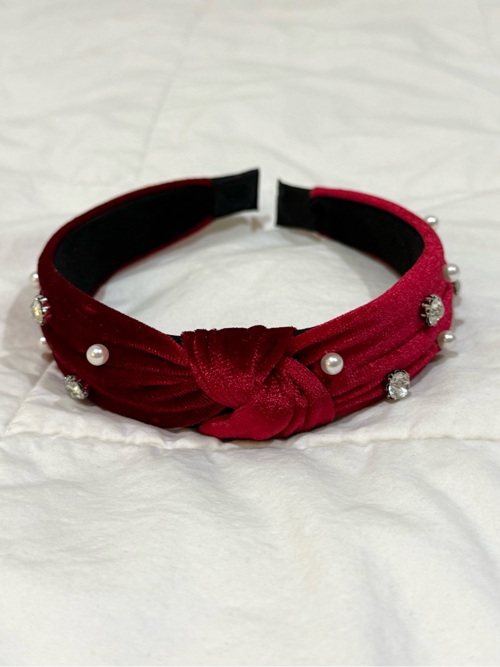 Velvet Knotted Pearl & Rhinestone Headband - Maroon